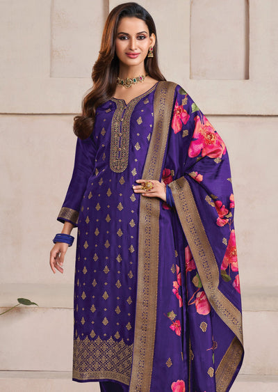 Purple Banarasi Silk Straight Cut Suit