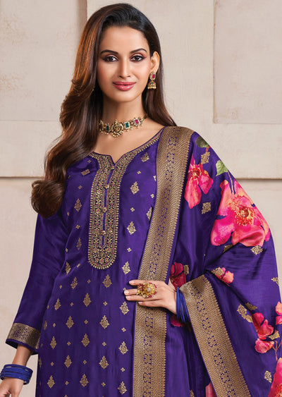 Purple Banarasi Silk Straight Cut Suit