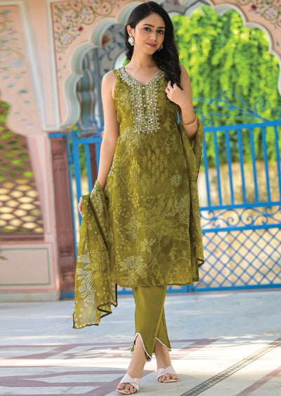 Mehendi Green Organza Straight Cut Suit