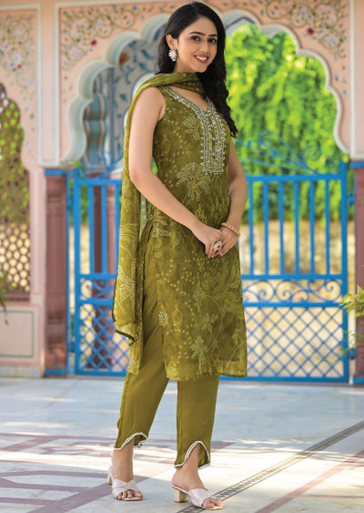 Mehendi Green Organza Straight Cut Suit