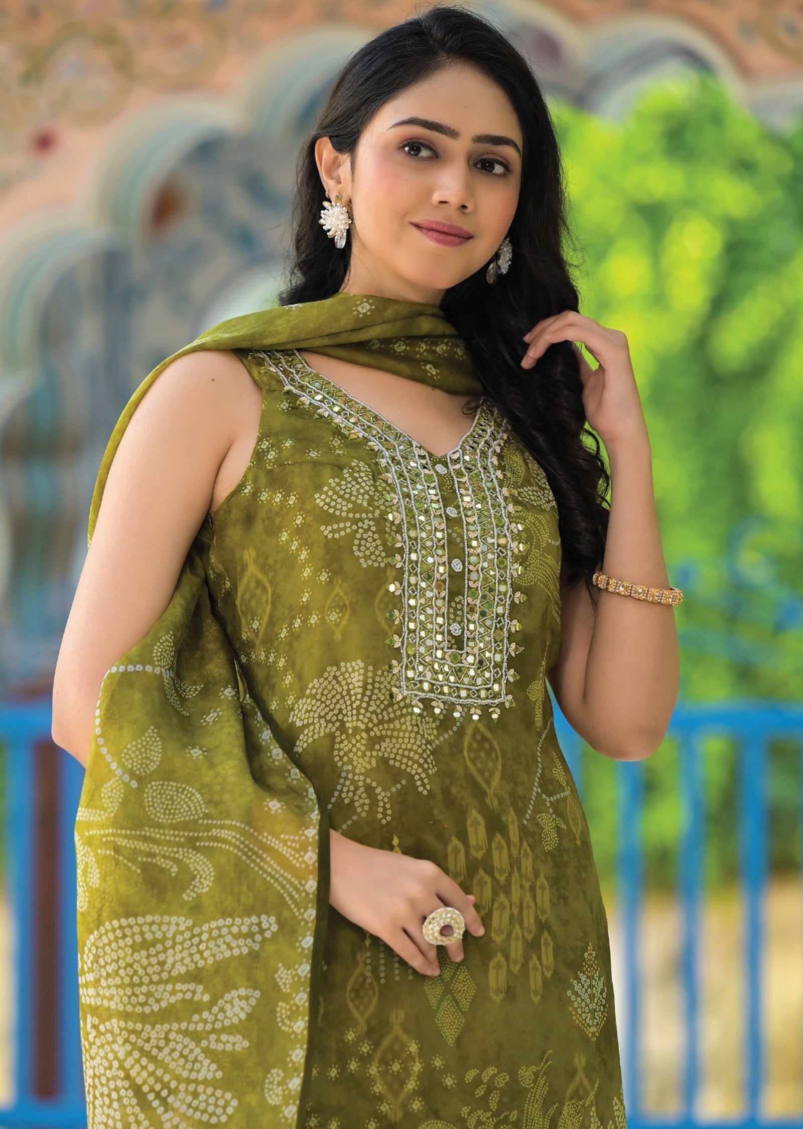 Mehendi Green Organza Straight Cut Suit