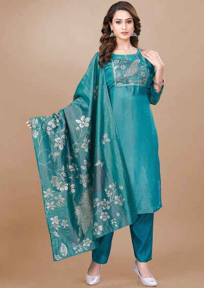 Rama Blue Tissue Silk Straight Cut Suit