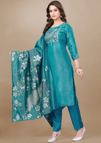 Rama Blue Tissue Silk Straight Cut Suit