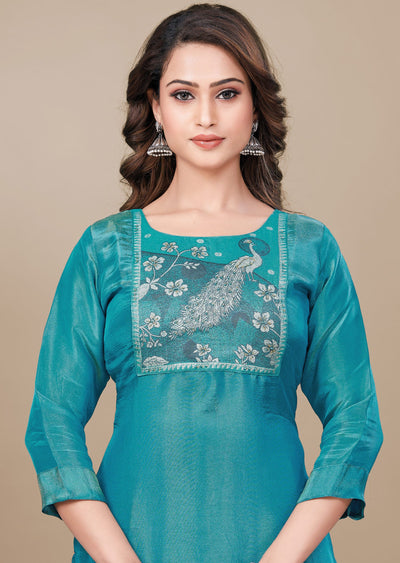 Rama Blue Tissue Silk Straight Cut Suit