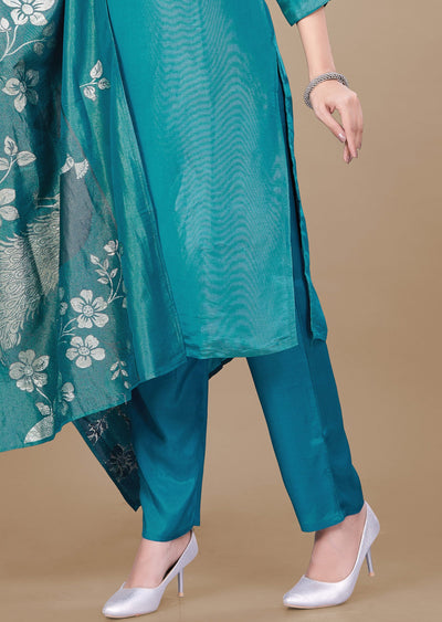 Rama Blue Tissue Silk Straight Cut Suit