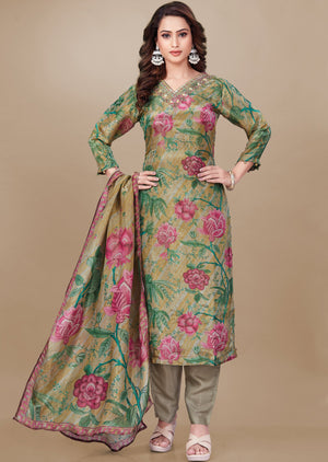 Grey & Green Tissue Silk Straight Cut Suit