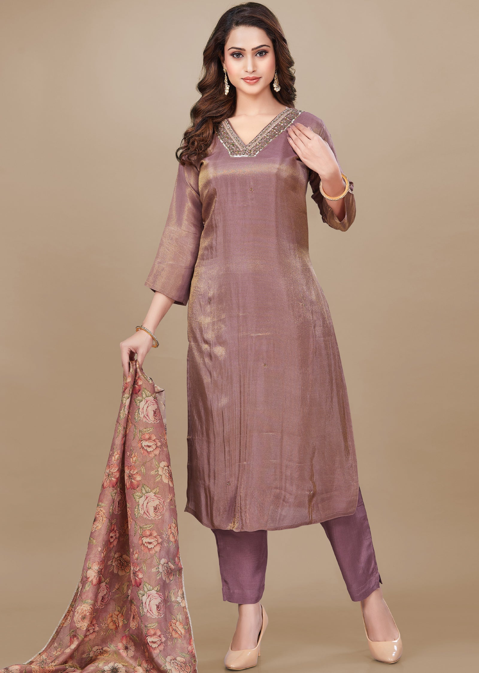 Dark Onion Pink Tissue Silk Straight Cut Suit