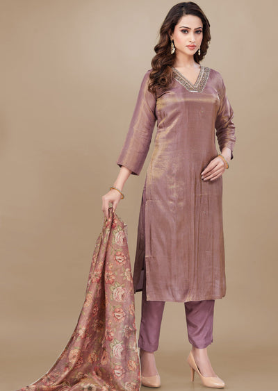 Dark Onion Pink Tissue Silk Straight Cut Suit