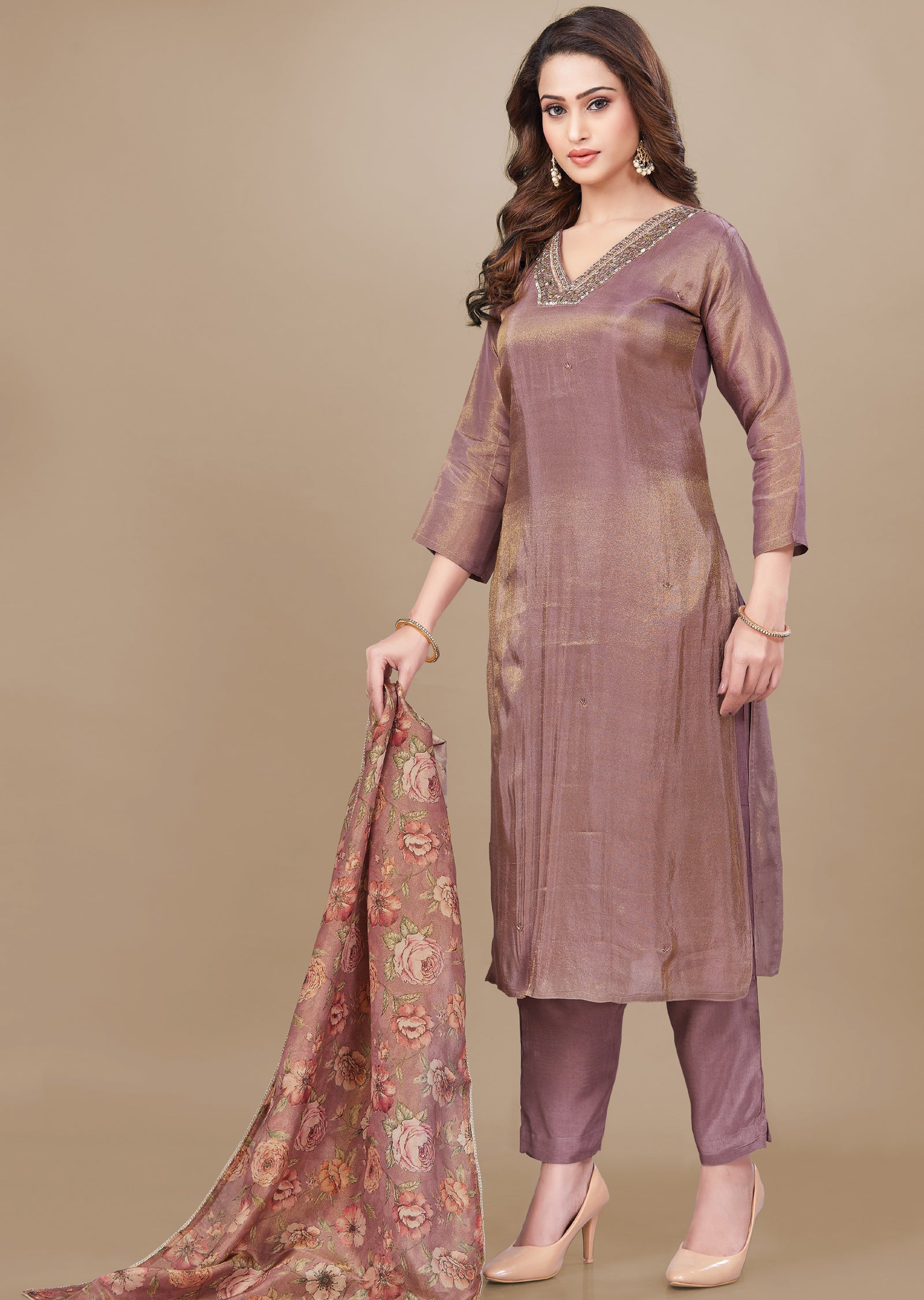 Dark Onion Pink Tissue Silk Straight Cut Suit