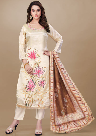 Beige Tissue Silk Straight Cut Suit