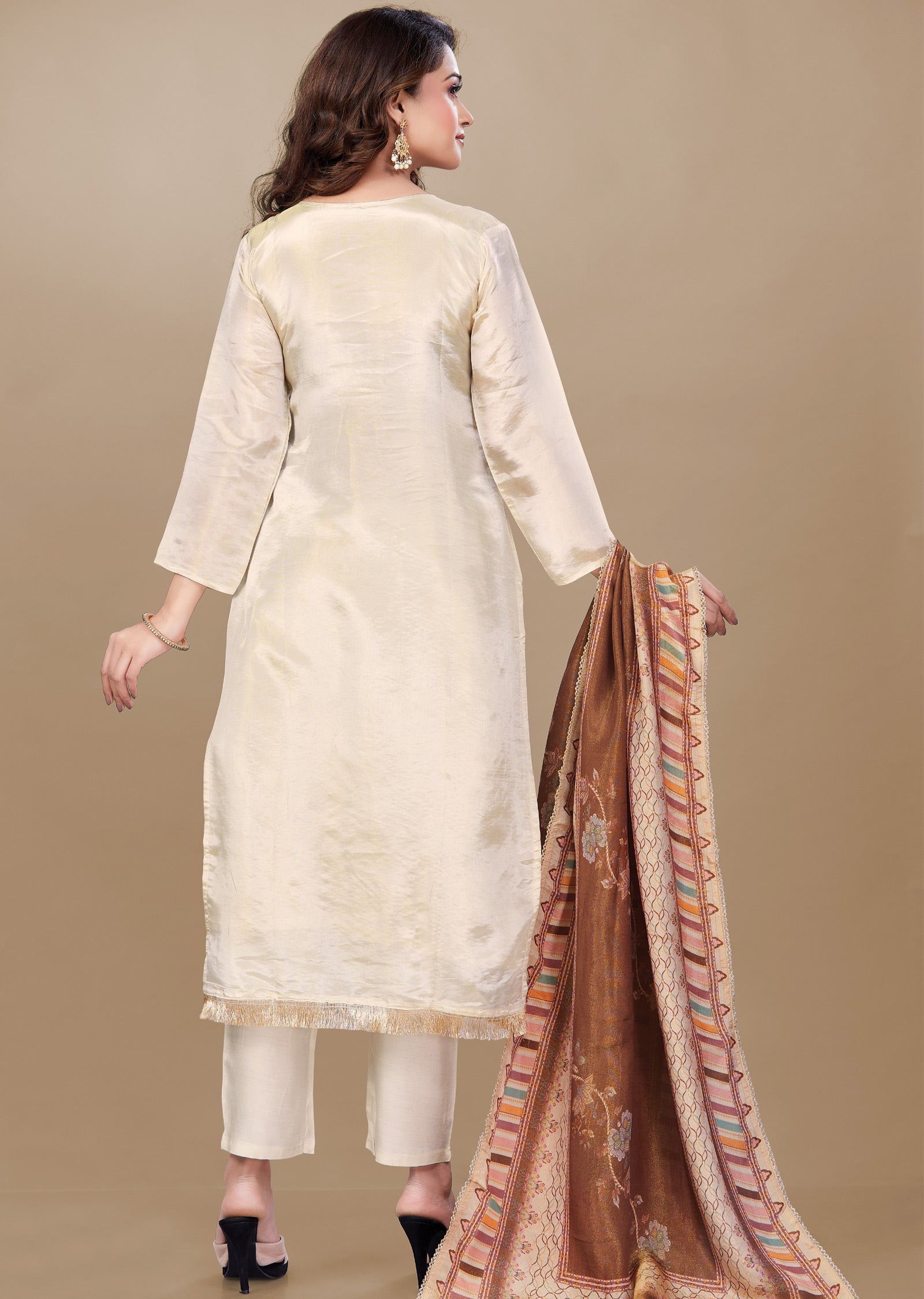 Beige Tissue Silk Straight Cut Suit