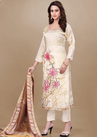 Beige Tissue Silk Straight Cut Suit