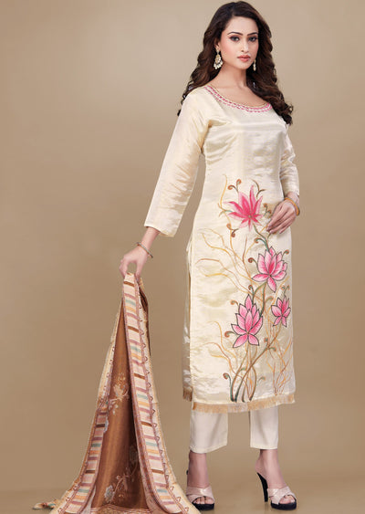 Beige Tissue Silk Straight Cut Suit