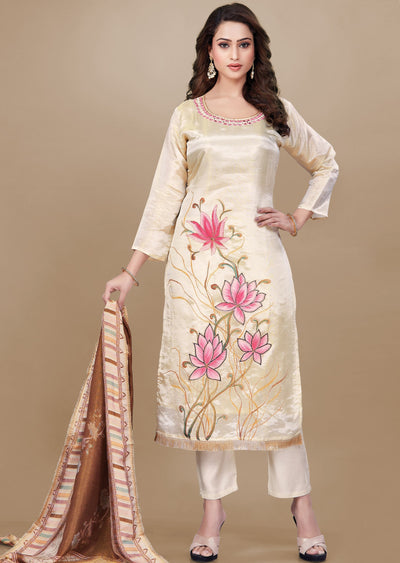 Beige Tissue Silk Straight Cut Suit