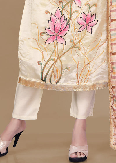 Beige Tissue Silk Straight Cut Suit