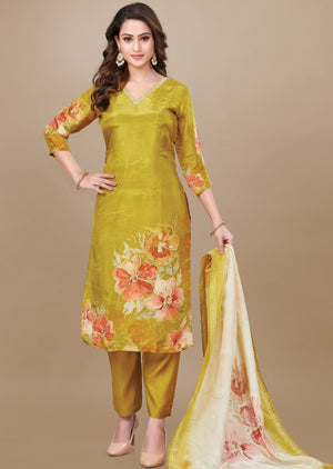 Dark Mustard Tissue Silk Straight Cut Suit