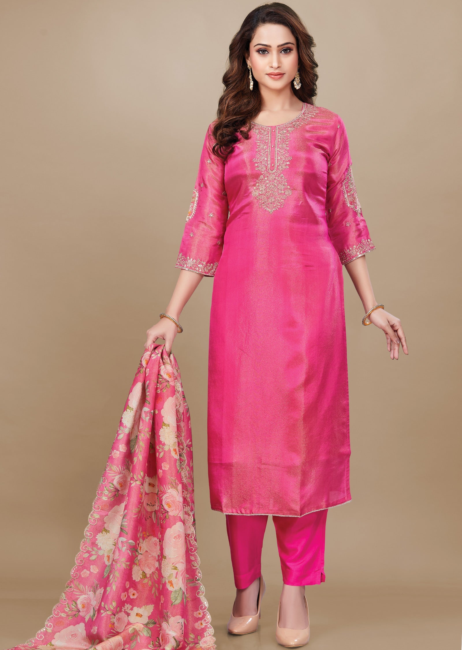 Rani Pink Tissue Silk Straight Cut Suit