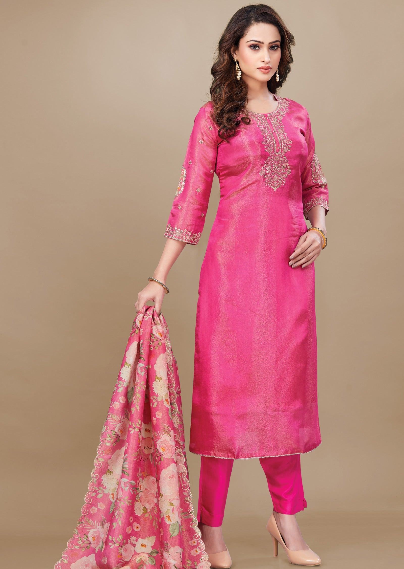 Rani Pink Tissue Silk Straight Cut Suit