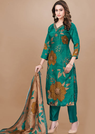 Green Tissue Silk Straight Cut Suit