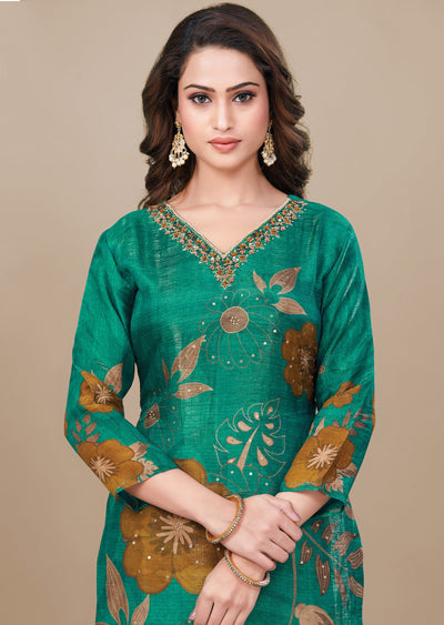 Green Tissue Silk Straight Cut Suit