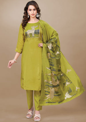 Lime Green Tissue Silk Straight Cut Suit