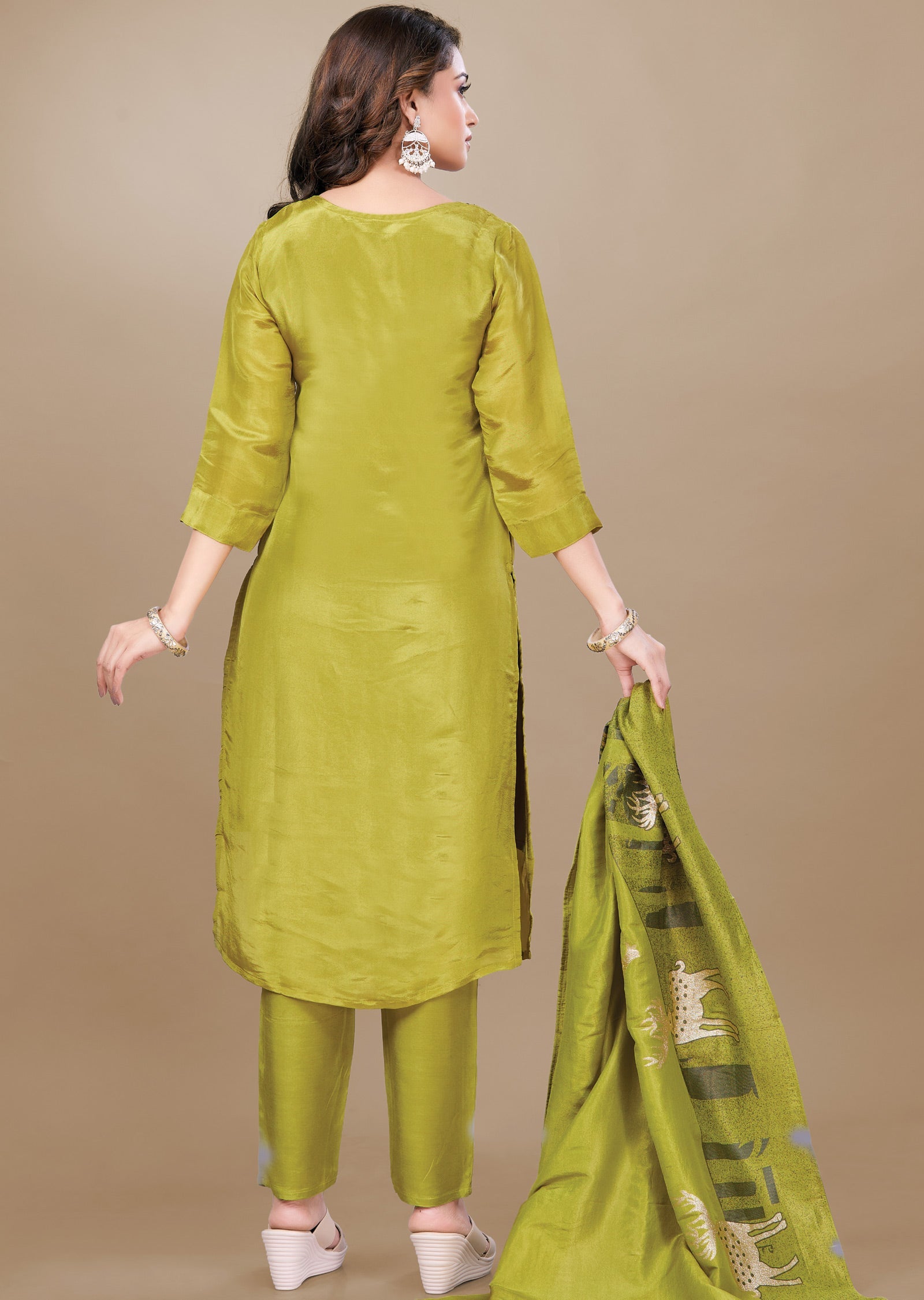 Lime Green Tissue Silk Straight Cut Suit