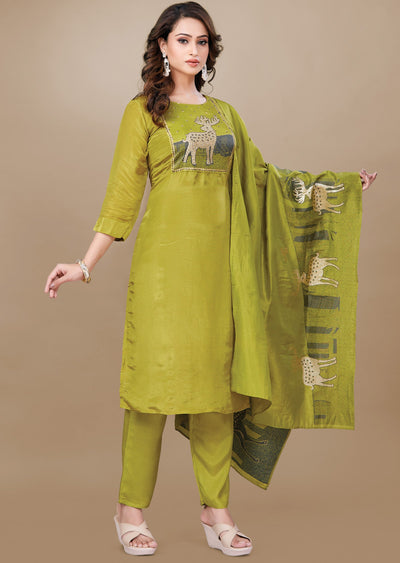 Lime Green Tissue Silk Straight Cut Suit