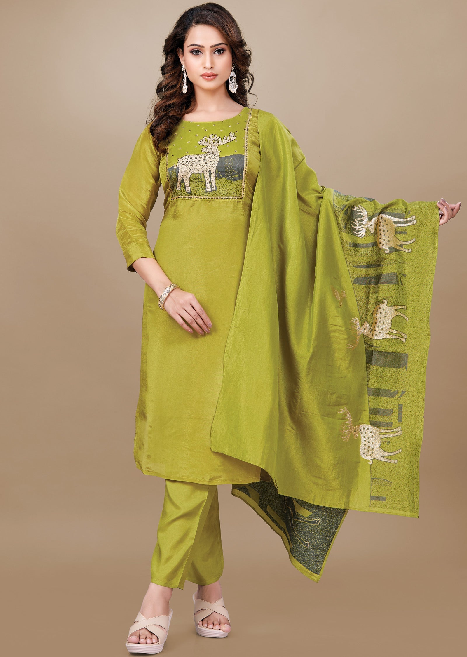 Lime Green Tissue Silk Straight Cut Suit