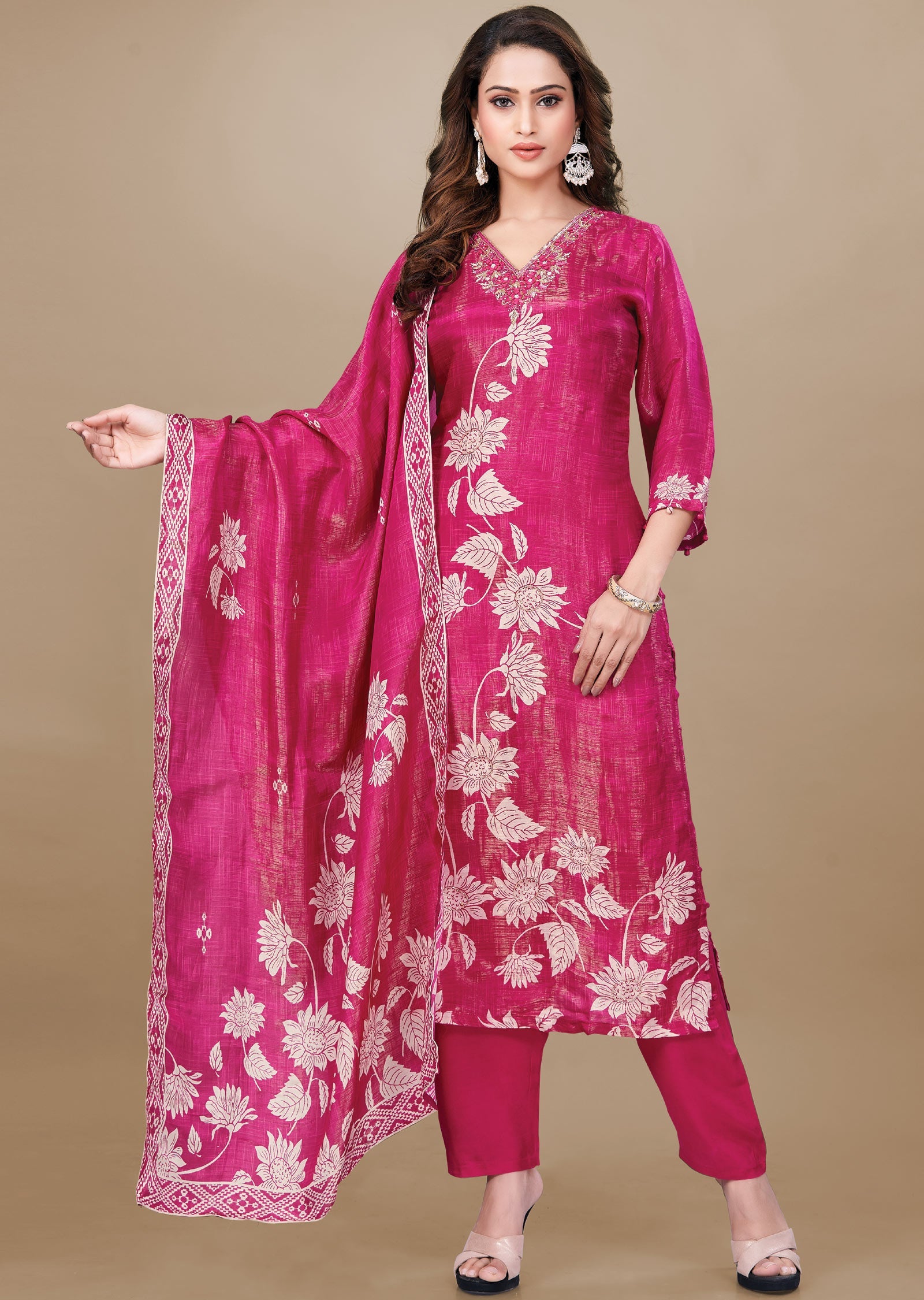 Dark Rani Pink Tissue Silk Straight Cut Suit