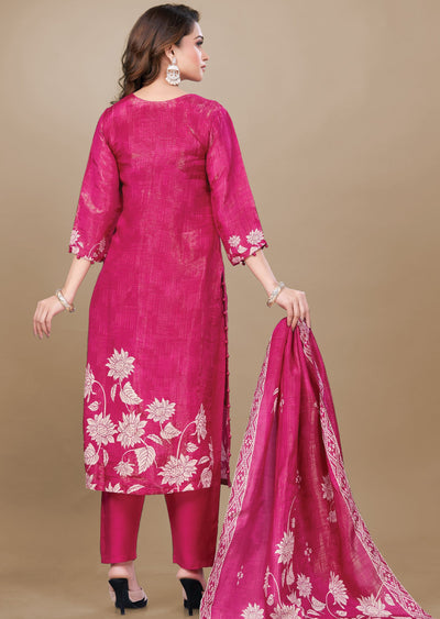 Dark Rani Pink Tissue Silk Straight Cut Suit