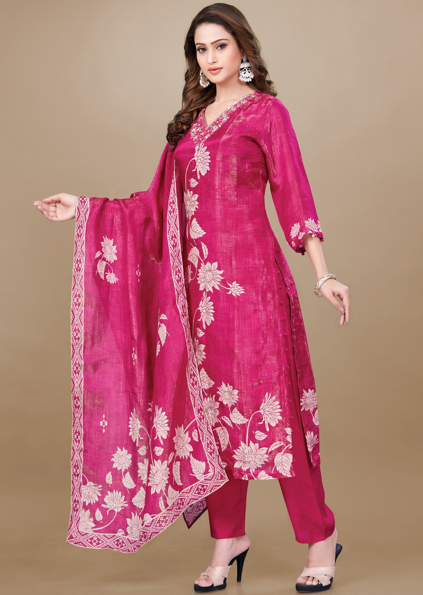 Dark Rani Pink Tissue Silk Straight Cut Suit