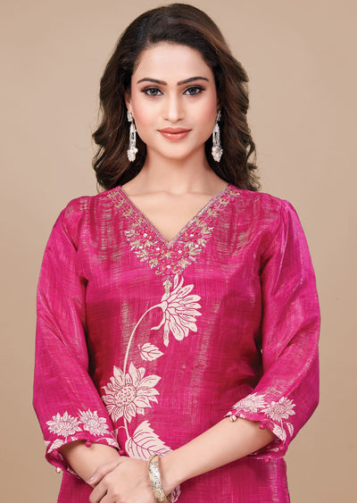 Dark Rani Pink Tissue Silk Straight Cut Suit