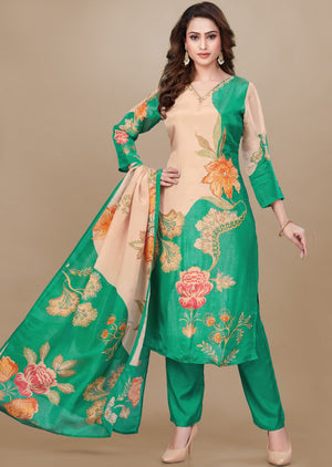 Peach & Green Tissue Silk Straight Cut Suit