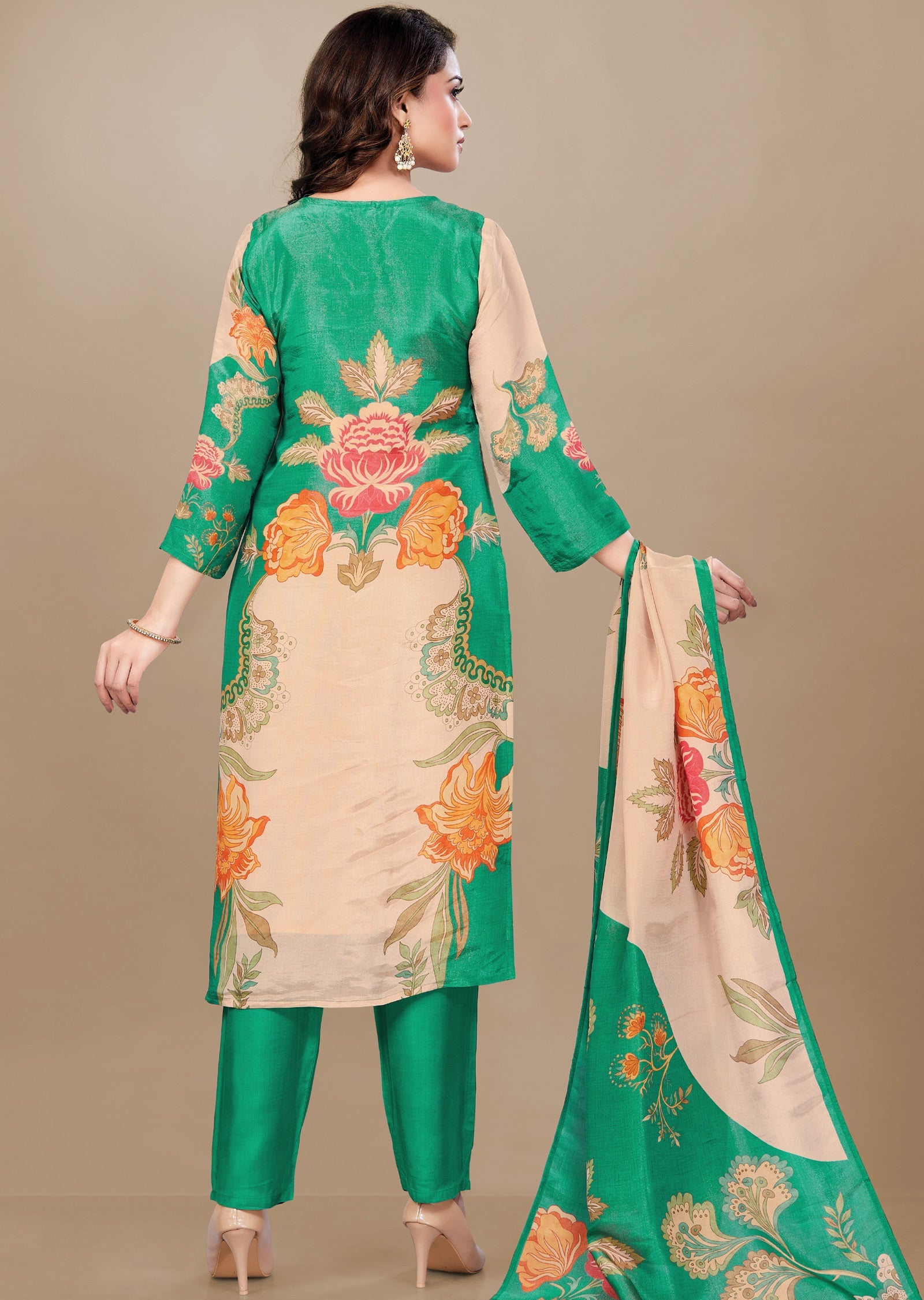 Peach & Green Tissue Silk Straight Cut Suit