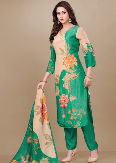 Peach & Green Tissue Silk Straight Cut Suit