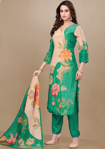 Peach & Green Tissue Silk Straight Cut Suit