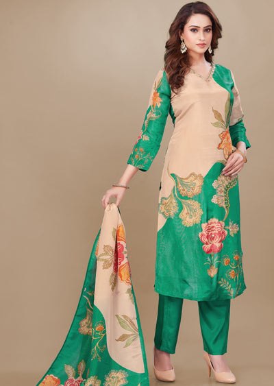 Peach & Green Tissue Silk Straight Cut Suit