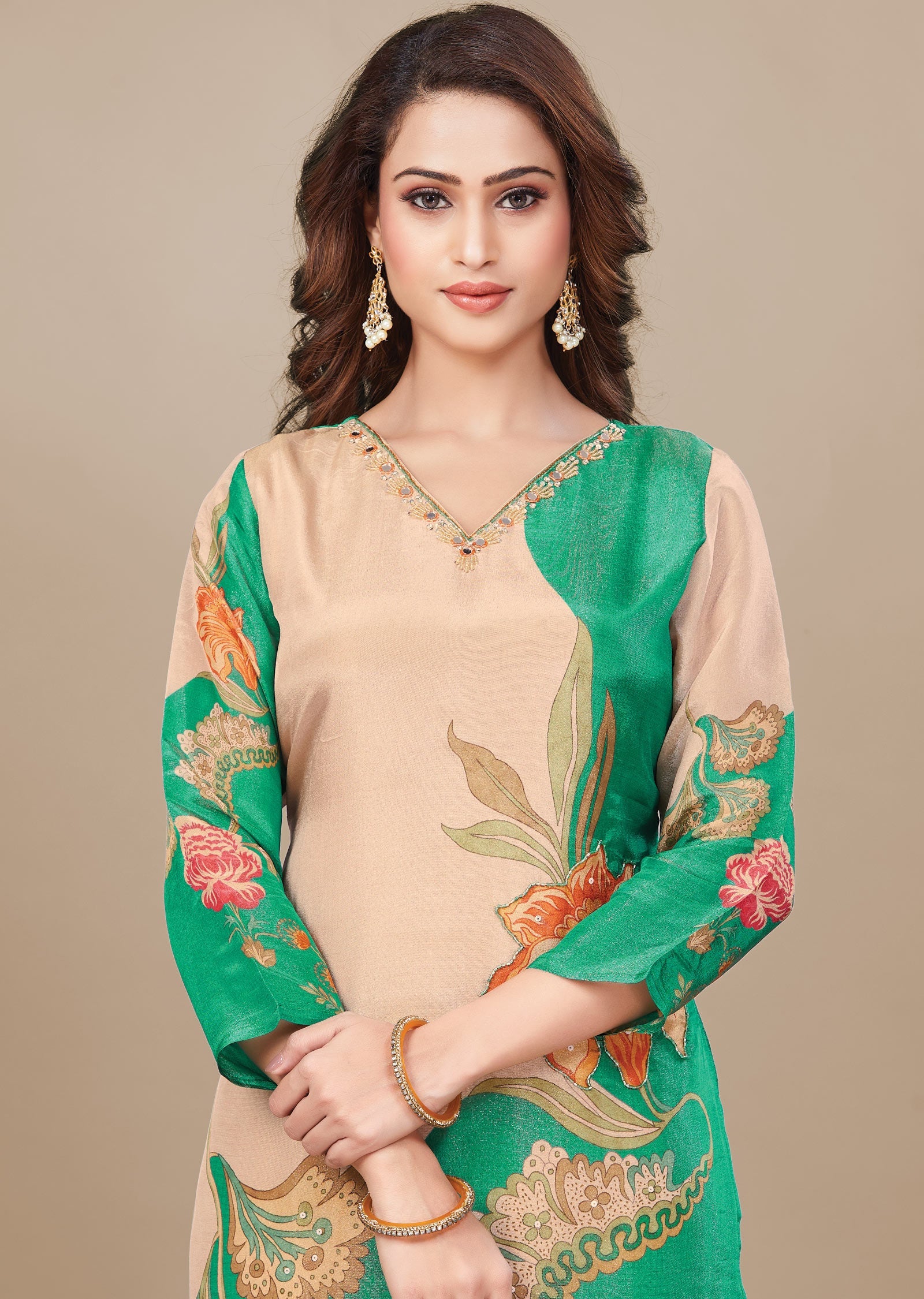 Peach & Green Tissue Silk Straight Cut Suit