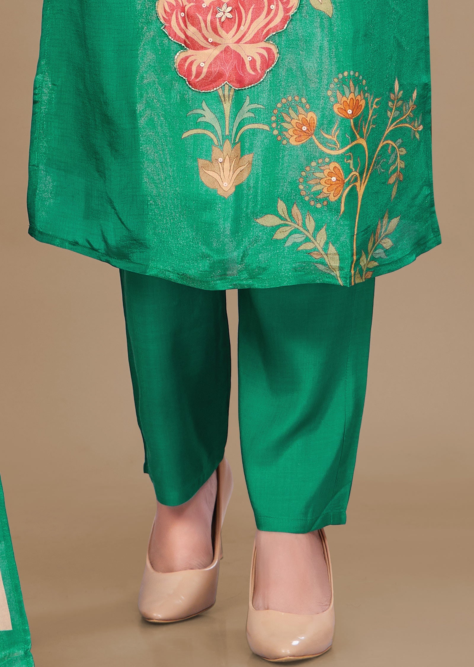 Peach & Green Tissue Silk Straight Cut Suit