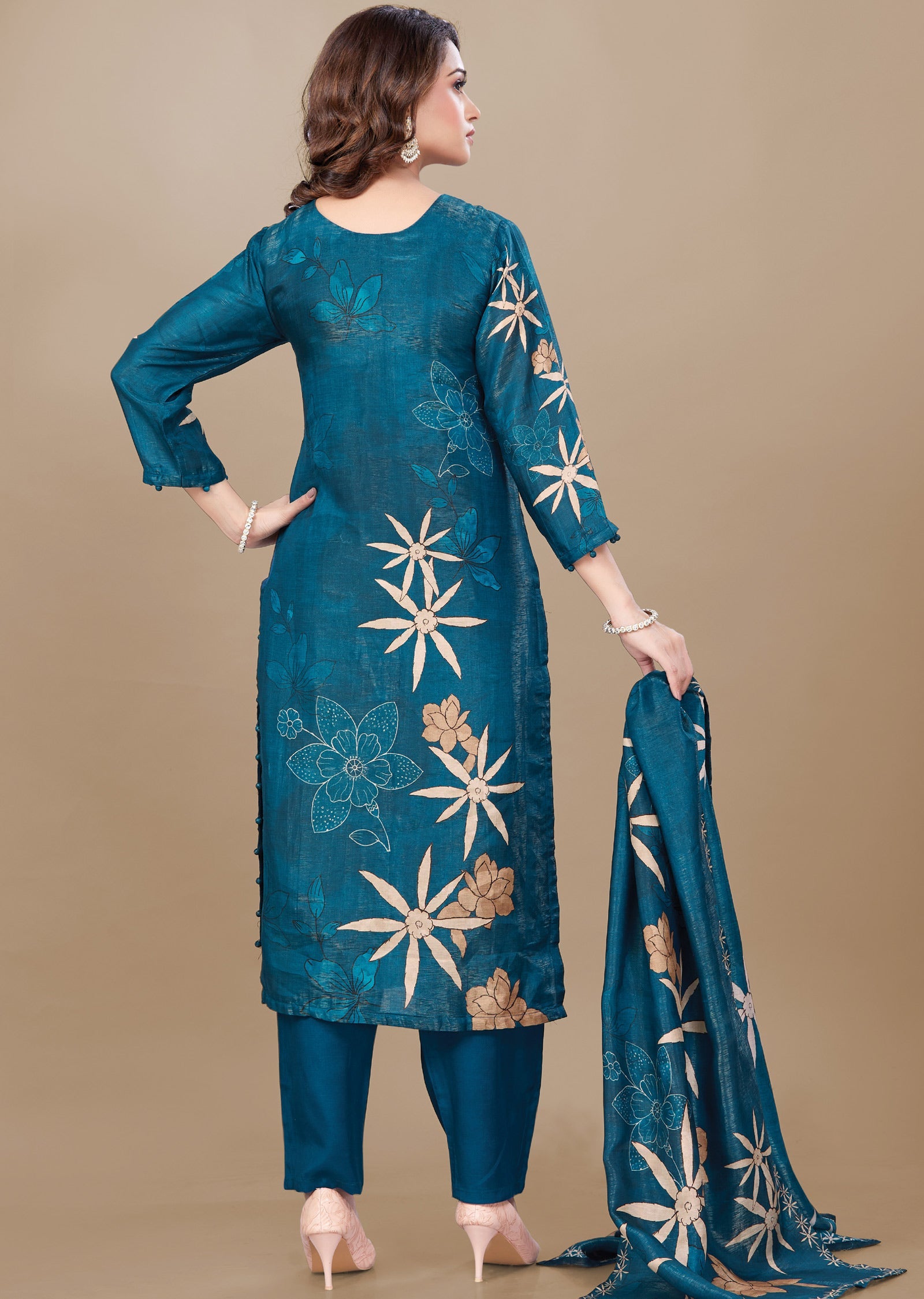 Teal Blue Tissue Silk Straight Cut Suit