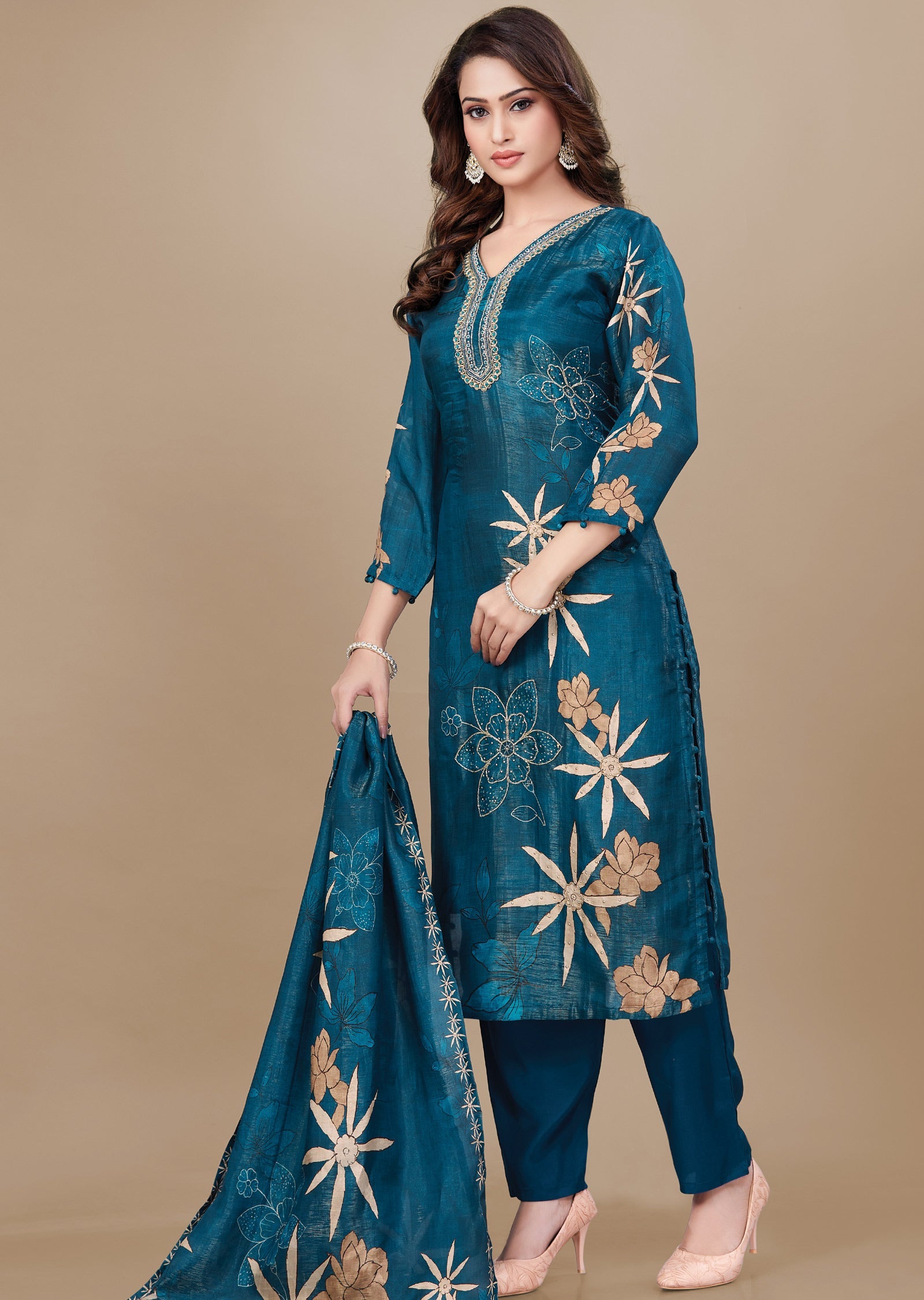 Teal Blue Tissue Silk Straight Cut Suit