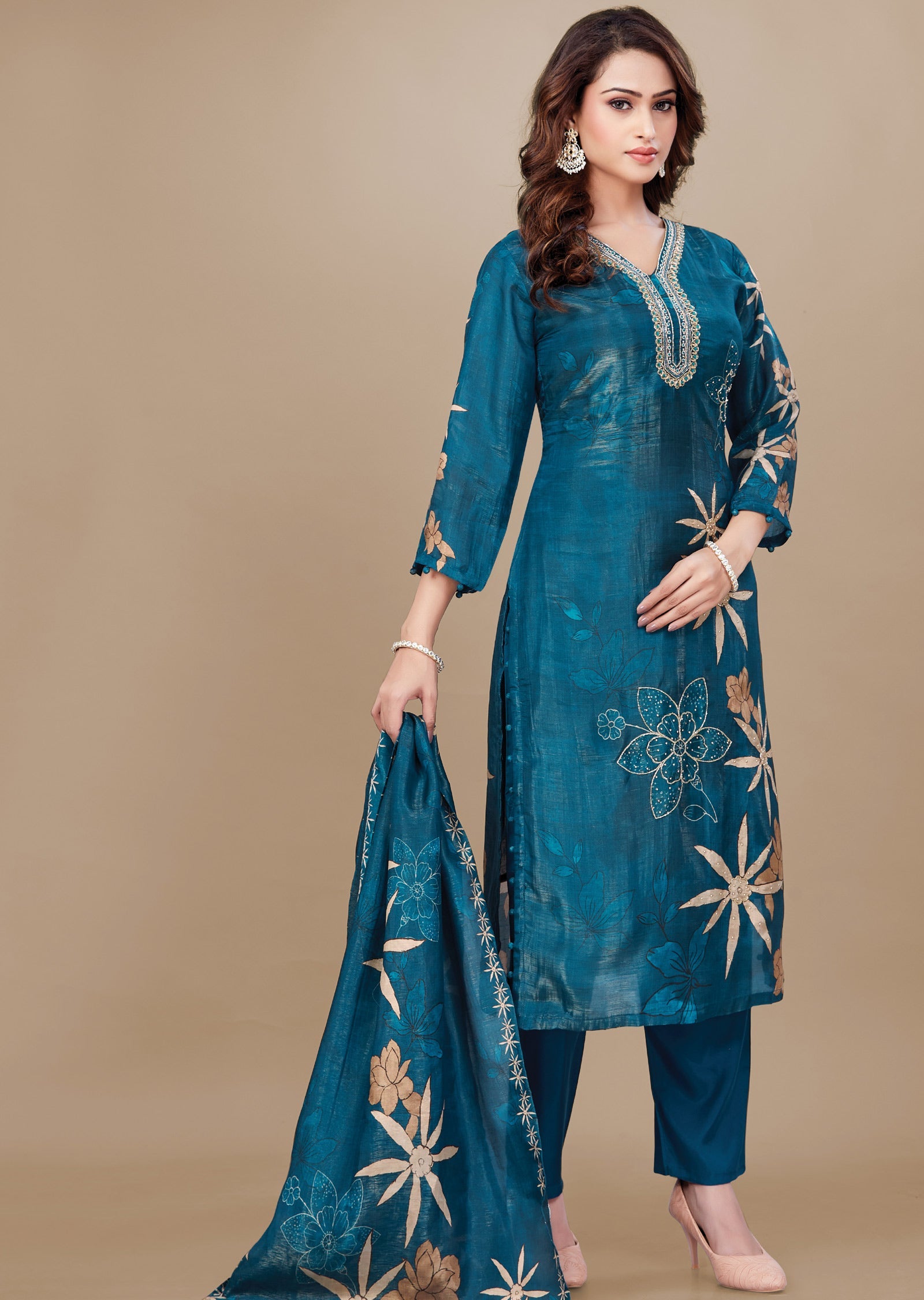 Teal Blue Tissue Silk Straight Cut Suit