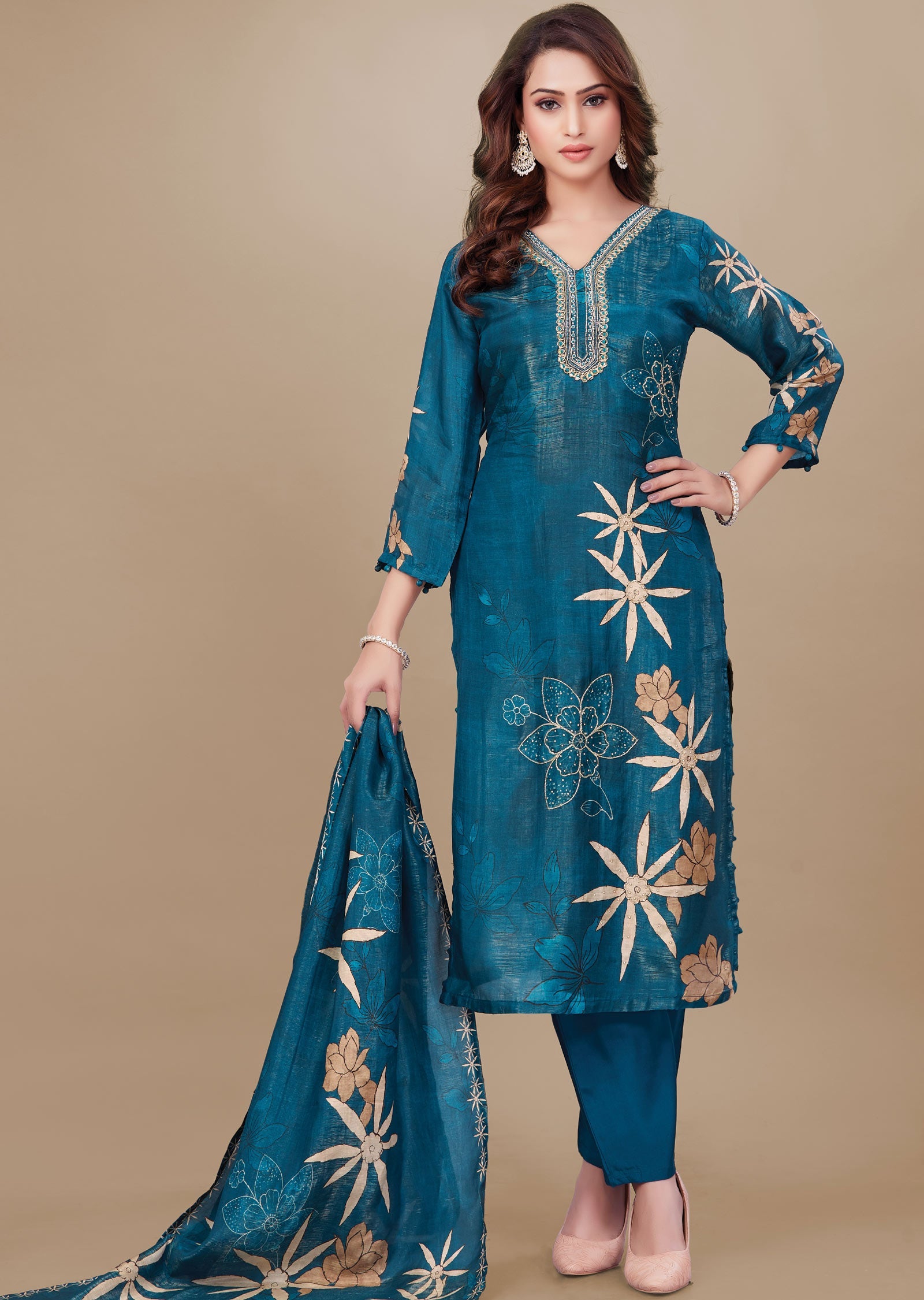 Teal Blue Tissue Silk Straight Cut Suit