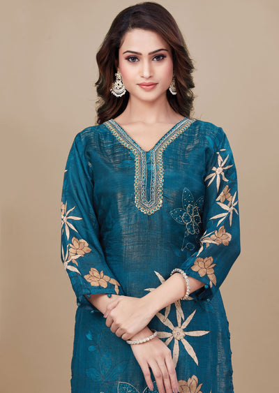 Teal Blue Tissue Silk Straight Cut Suit