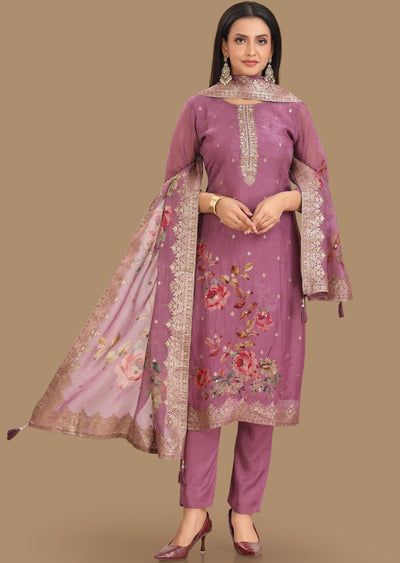 Lavender Banarasi Organza Straight Cut Suit