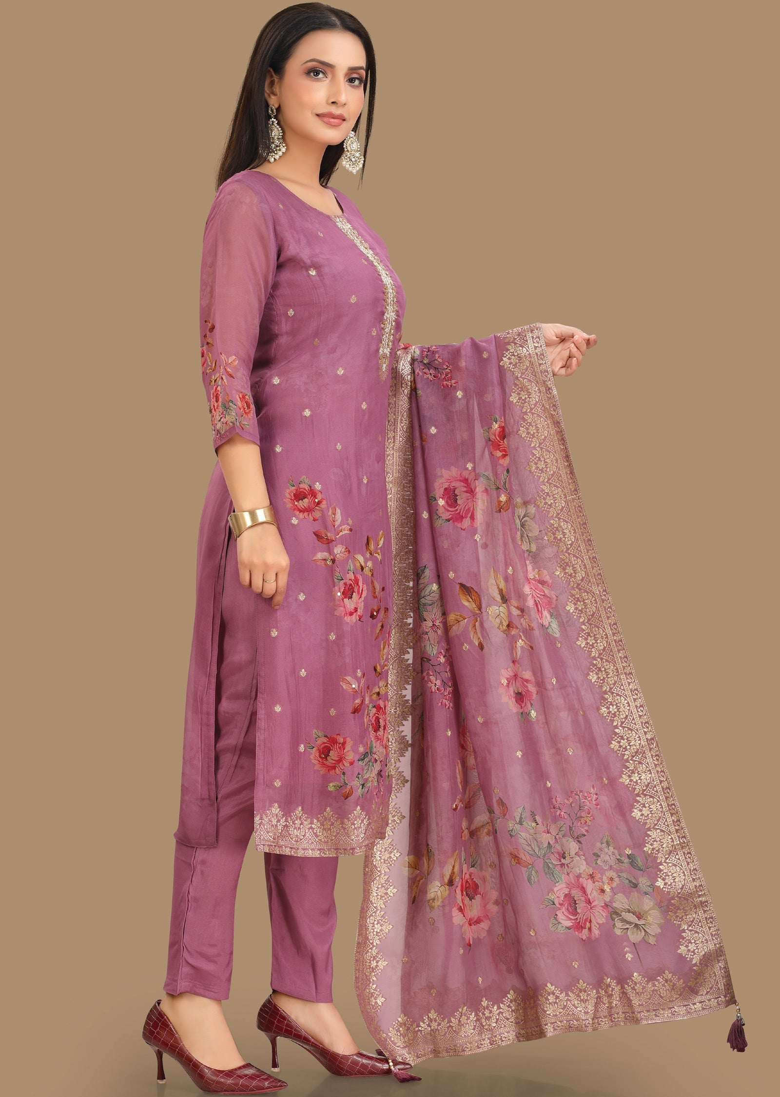 Lavender Banarasi Organza Straight Cut Suit