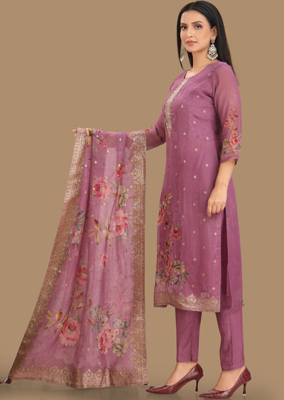 Lavender Banarasi Organza Straight Cut Suit