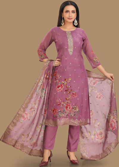 Lavender Banarasi Organza Straight Cut Suit