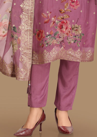 Lavender Banarasi Organza Straight Cut Suit