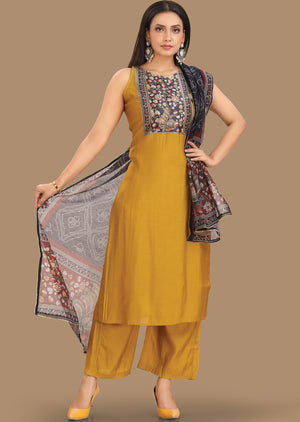 Mustard Dola Silk Straight Cut Suit